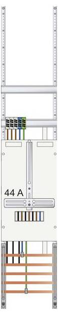 Panneau électrique '44 A' avec des fils étiquetés de différentes couleurs, disposés verticalement, indiquant des connexions et des circuits électriques.