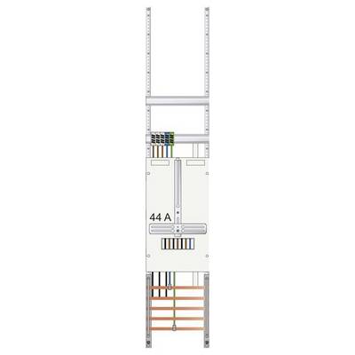 Panneau électrique '44 A' avec des fils étiquetés de différentes couleurs, disposés verticalement, indiquant des connexions et des circuits électriques.