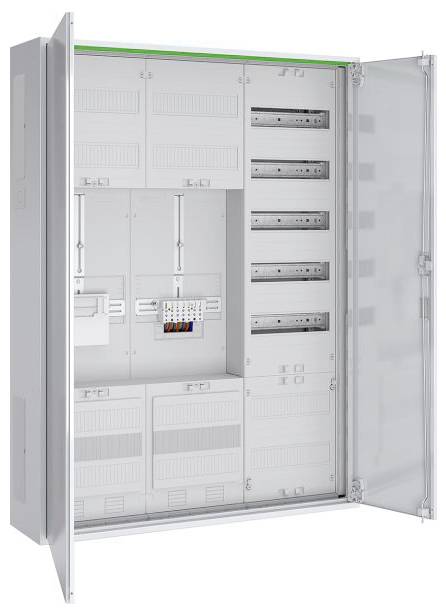 Un panneau électrique ouvert présentant une série de disjoncteurs et de câblages soigneusement disposés, mettant en valeur l'organisation et la capacité du panneau.