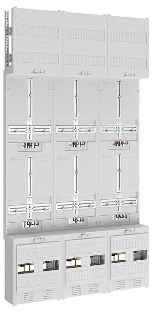 « Système de tableau de distribution électrique modulaire avec plusieurs sections verticales et horizontales, présentant des composants de câblage et d'appareillage électrique apparents. »