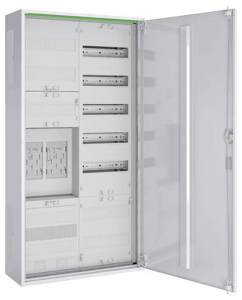 Une armoire électrique ouverte montrant un câblage organisé et plusieurs disjoncteurs à l'intérieur, démontrant une gestion efficace de l'énergie.