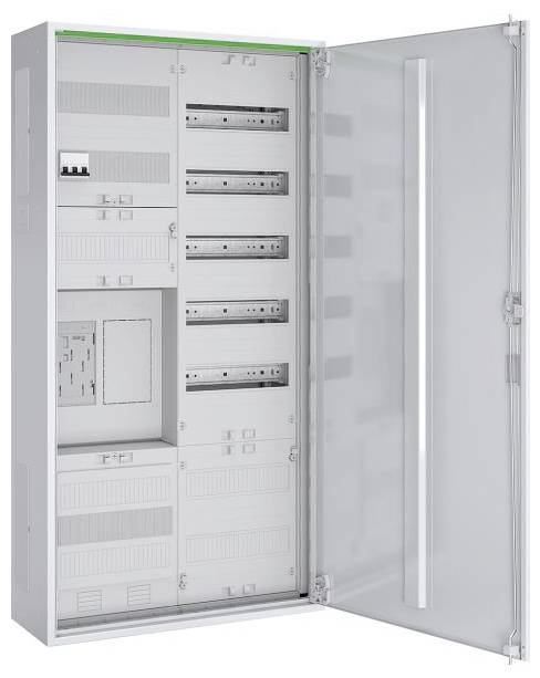 Un tableau électrique ouvert présentant plusieurs disjoncteurs et des composants étiquetés, logé dans un boîtier métallique.