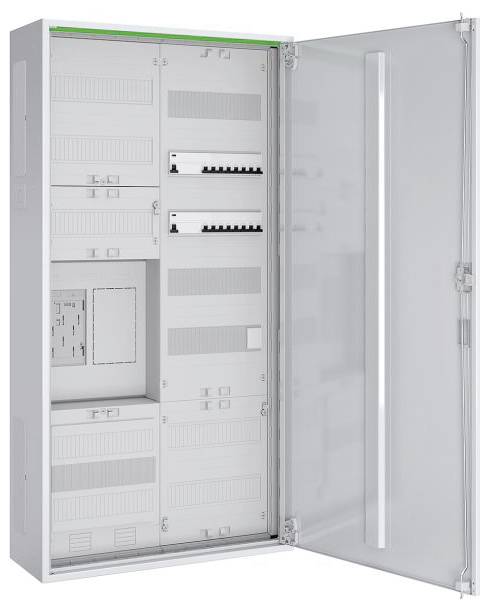 Une armoire électrique ouverte avec une porte transparente révèle plusieurs disjoncteurs et composants électriques disposés à l'intérieur.