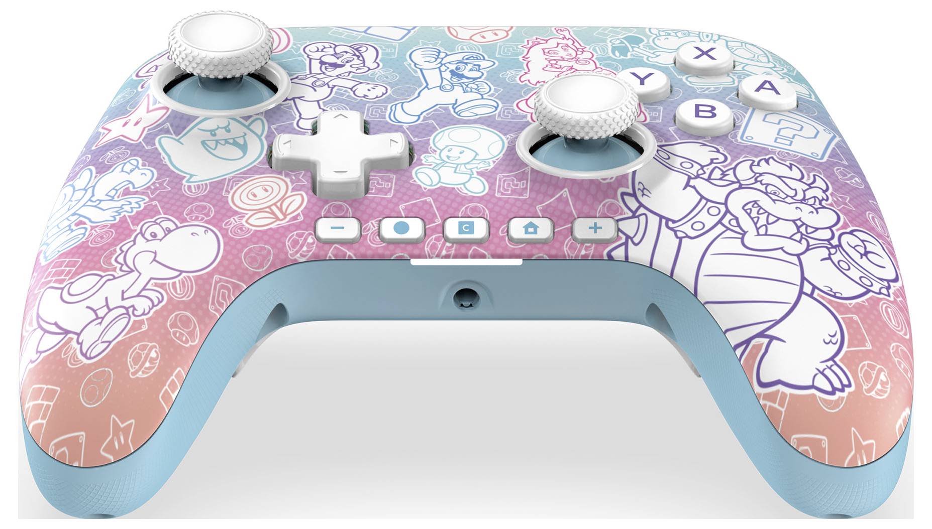 Une manette de jeu aux couleurs pastel avec des designs de personnages de dessins animés et des boutons étiquetés, comprenant 'X', 'Y', 'A' et 'B'.
