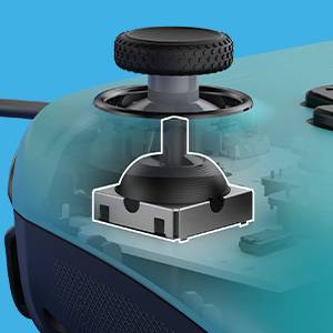Une illustration en gros plan du mécanisme du stick analogique d'une manette de jeu sur un fond bleu, révélant sa structure interne.