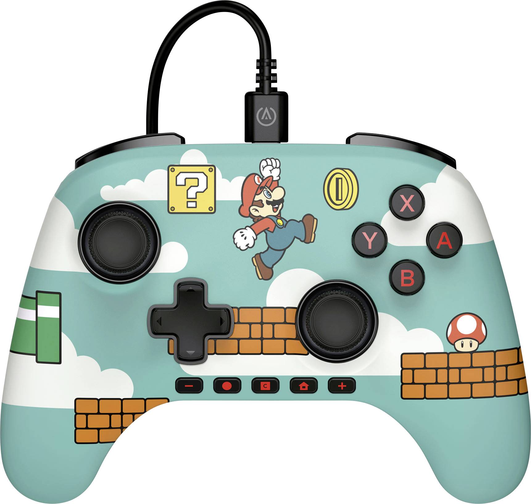 Une manette de jeu vidéo présentant un design avec un thème de jeu de plateforme classique, comprenant des illustrations de personnages emblématiques et des éléments de jeu.