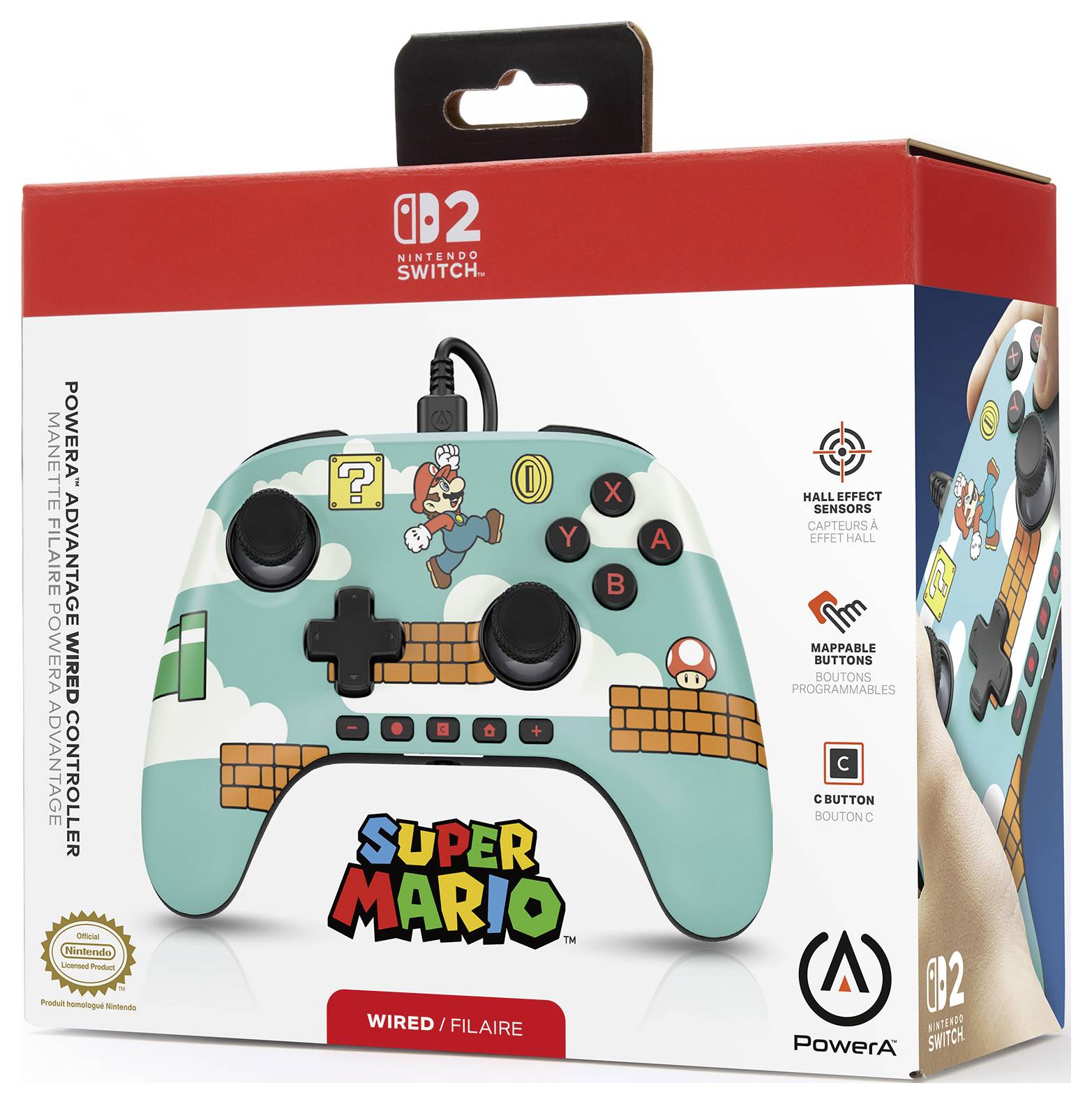 Manette filaire Nintendo Switch sur le thème de 'Super Mario' dans sa boîte, présentant des graphismes colorés de Mario et des éléments de design.
