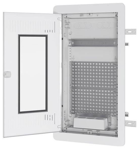 Un boîtier de panneau électrique ouvert montrant des emplacements vides pour des disjoncteurs, avec une porte rectangulaire et une option de montage en surface.