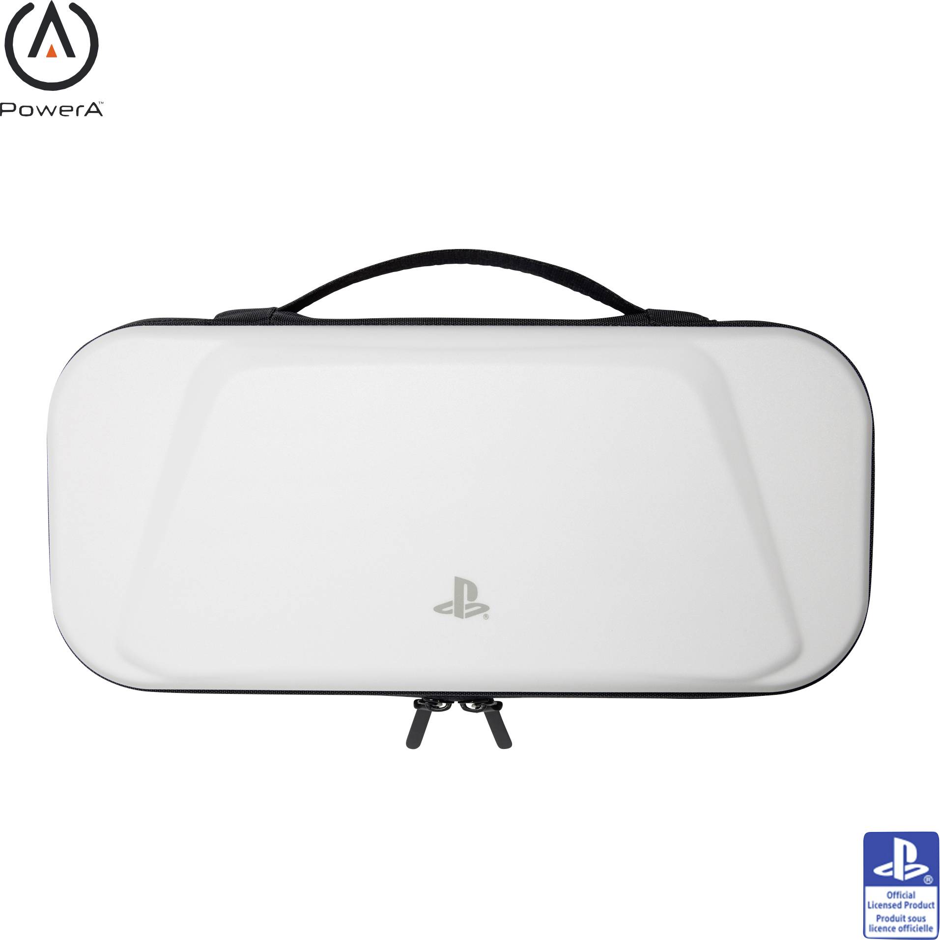 Un étui de transport blanc avec le logo PlayStation et des doubles fermetures à glissière, conçu pour ranger et protéger les manettes et accessoires de jeu.