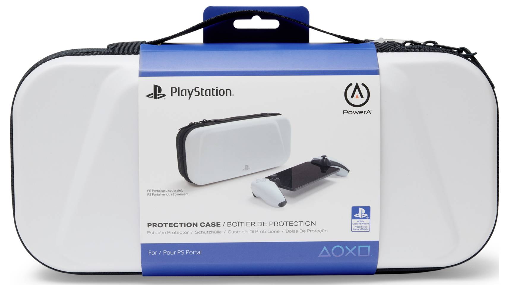 Étui de protection blanc pour PlayStation avec texte 'Protection Case', présentant une image d'une manette de jeu et d'un étui, de la marque PowerA.
