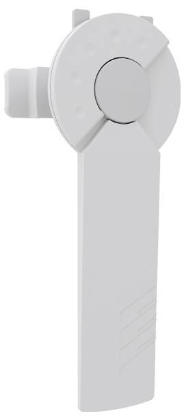 Une attache en plastique blanc avec une base circulaire et une poignée allongée, utilisée pour verrouiller les portes de placard ou de meuble.