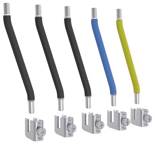 Cinq tuyaux de conduit flexibles, trois en noir, un en bleu et un en vert-jaune, sont associés à des supports de montage métalliques correspondants.