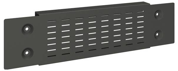 Un couvercle de ventilation en métal noir avec des fentes rectangulaires et quatre trous de vis, conçu pour la circulation de l'air dans des équipements mécaniques ou électroniques.