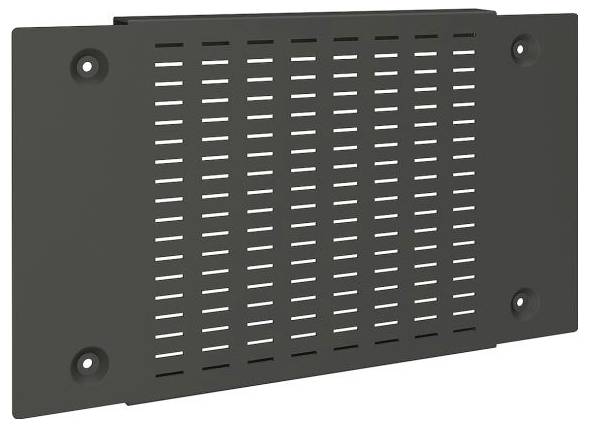 Un panneau rectangulaire en métal noir avec des fentes horizontales régulièrement espacées et quatre trous d'angle pour la fixation.