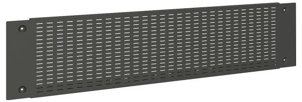 Un panneau de rack serveur noir perforé avec des fentes ventilées, conçu pour favoriser la circulation de l'air et réduire l'accumulation de poussière dans les boîtiers d'équipements électroniques.