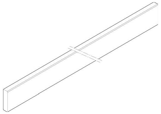 Une poutre rectangulaire horizontale plane avec une ligne en pointillés diagonale traversant son milieu, indiquant une rupture ou une coupe de section dans la poutre.