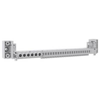 Un bloc de jonction électrique gris avec plusieurs points de connexion, utilisé pour organiser le câblage dans les tableaux électriques ou les équipements.