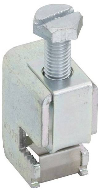 Un serre-joint métallique avec une vis filetée et une base rainurée. Utilisé pour maintenir fermement des objets ou des matériaux ensemble.