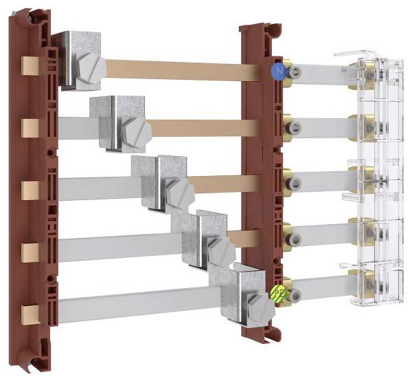 Un bloc de distribution électrique montrant des barres métalliques interconnectées et des connecteurs pour la gestion du courant électrique, avec des composants étiquetés.