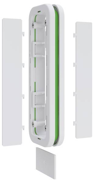 « Une vue éclatée d'un connecteur de gaine rectangulaire blanc avec des panneaux latéraux amovibles, révélant la structure et les composants internes. »