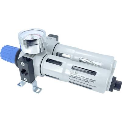 Régulateur de filtre à air pneumatique avec manomètre et deux compartiments transparents. Bouton de réglage bleu et étiquette de mise en garde visibles.