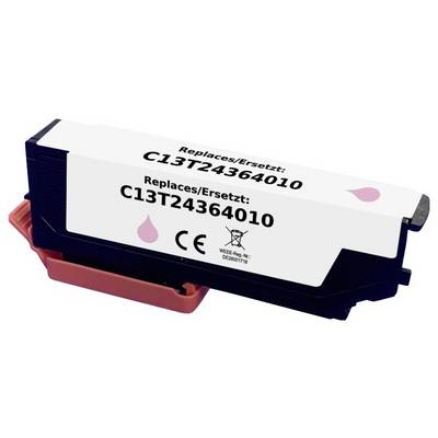 L'image montre une cartouche d'encre noire étiquetée « Replaces/Ersetzt : C13T24364010 » avec des symboles de conformité CE et de recyclage.