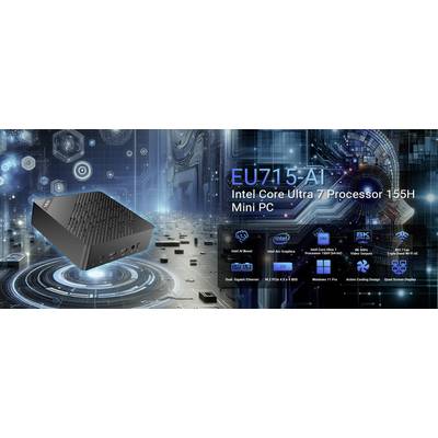 Une bannière au thème futuriste présentant un mini PC, modèle EU715-AI, équipé du processeur Intel Core Ultra 7 155H. Les caractéristiques et spécifications sont répertoriées sous l'image.