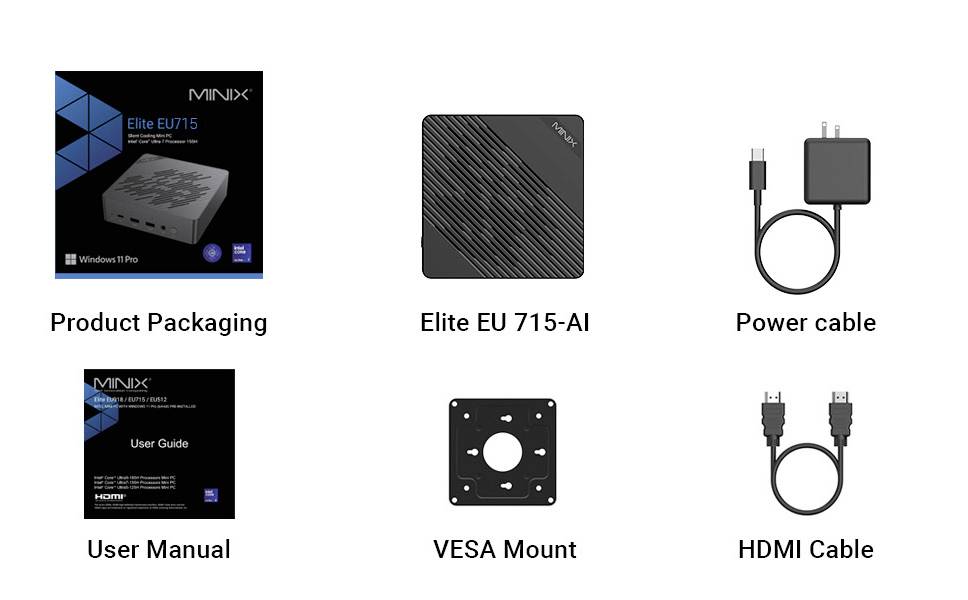 « Image montrant les composants du MINIX Elite EU715 : emballage du produit, manuel d'utilisation, appareil Elite EU 715-AI, câble d'alimentation, support VESA, câble HDMI. »