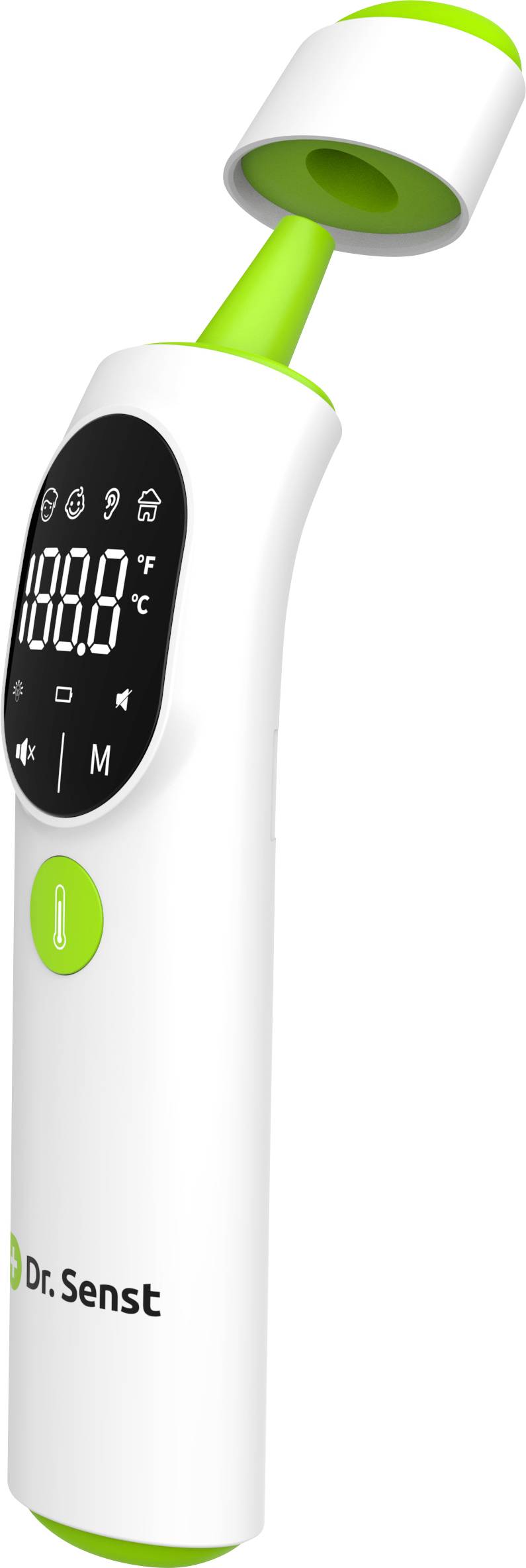 Un thermomètre numérique au design blanc et vert, affichant '100,0 °F' sur son écran. La marque 'Dr. Senst' est visible.