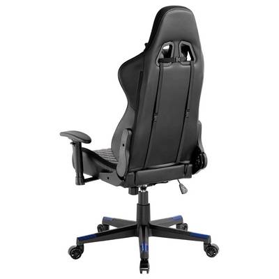 Une chaise de gaming ergonomique noire avec des touches bleues, dotée d'accoudoirs réglables et d'un dossier haut conçu pour le confort et la flexibilité.