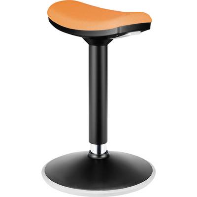 Un tabouret de bureau orange, courbé, avec une base noire et une fonction de réglage de la hauteur.