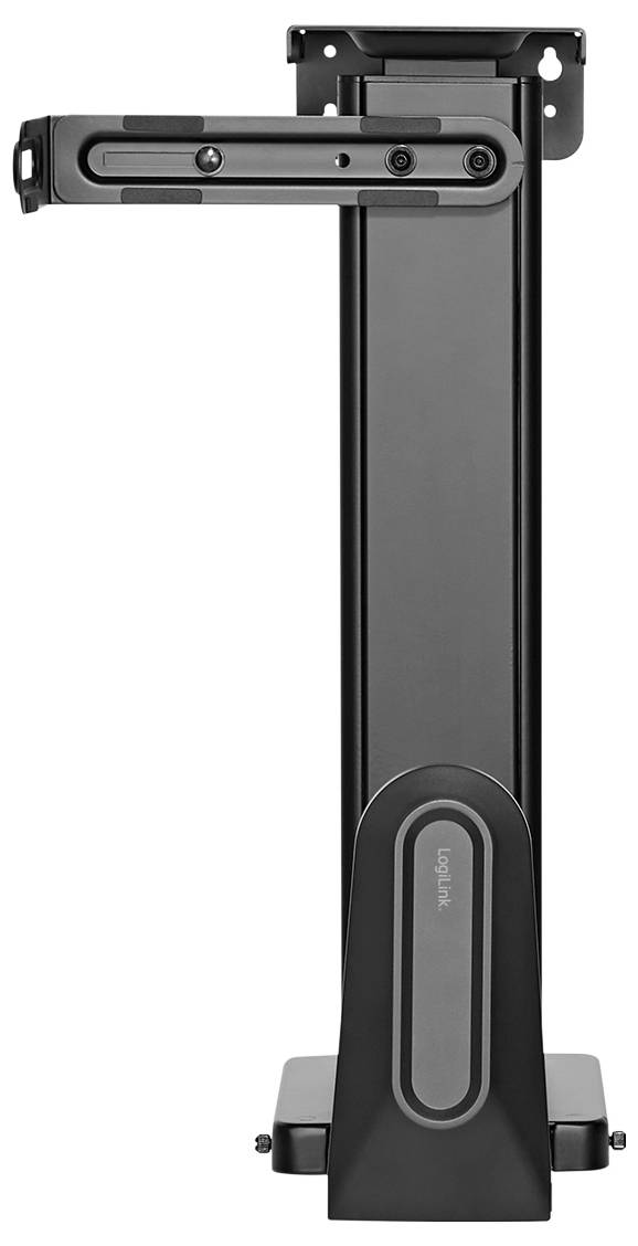 Un support vertical en métal noir avec un bras articulé permettant de monter et d'ajuster la position d'un appareil.