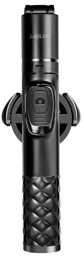 Un bâton de selfie noir LogiLink avec un bouton et une prise en main texturée, conçu pour prendre des photos avec des smartphones.