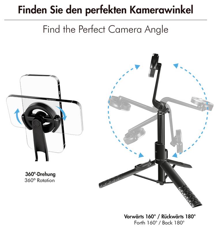 Un support de caméra offrant une rotation à 360° et des angles ajustables pour trouver l'angle de caméra parfait, avec texte descriptif en allemand et anglais.