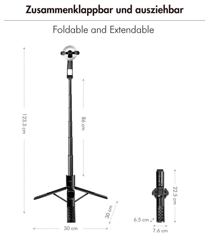 Un support de trépied télescopique, étiqueté « Pliable et extensible », présente deux longueurs : déployé à 123,5 cm et replié à 22,5 cm.