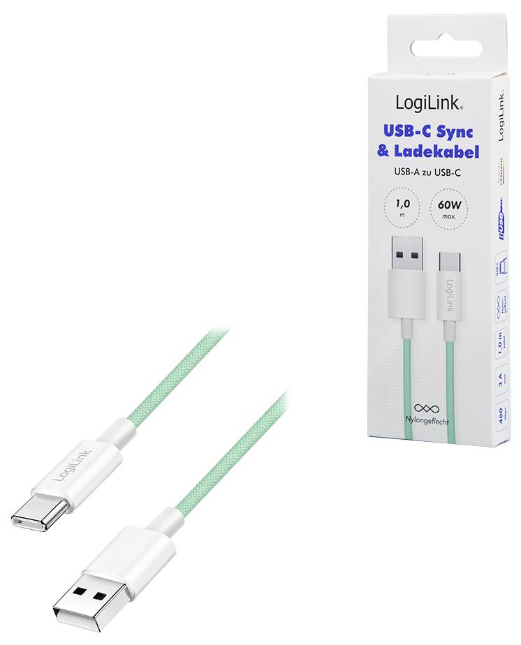 Câble USB-C vers USB-A vert, long de 1 mètre, présenté à côté de son emballage. Prend en charge la livraison de puissance de 60W, étiqueté comme « Câble de synchronisation et de charge USB-C ».