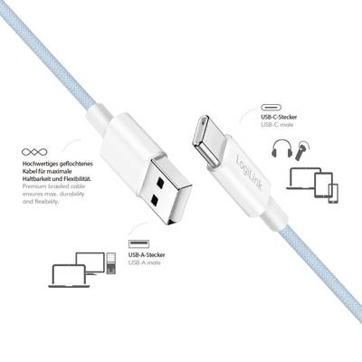Un câble USB-C vers USB-A présenté avec des icônes d'appareils compatibles tels que des téléphones, des ordinateurs portables et des écouteurs, étiqueté 'LogiLink', souligne sa durabilité.