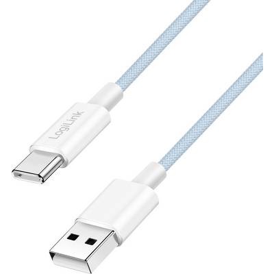 Un câble USB bleu clair avec une extrémité équipée d'un connecteur USB-C et l'autre d'un connecteur USB-A standard.