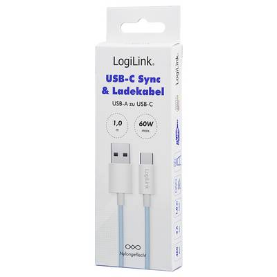Câble de synchronisation et de charge USB-C LogiLink, USB-A vers USB-C, longueur de 1 mètre, puissance maximale de 60W, tressé en nylon.