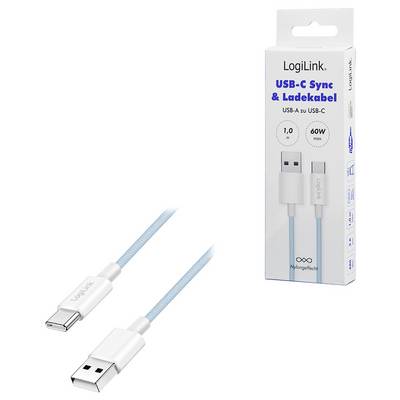 Un câble bleu USB-A vers USB-C à côté de son emballage, étiqueté « LogiLink USB-C Sync & Câble de charge », 1 mètre, 60W max.