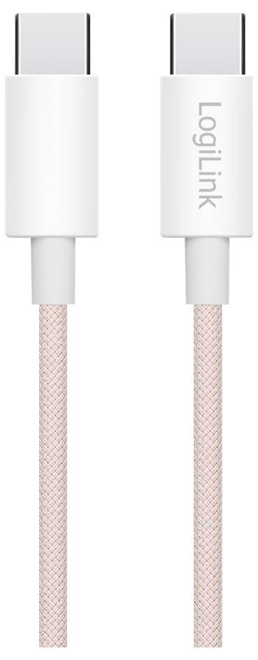 Un câble USB-C vers USB-C tressé rose, portant l'étiquette « LogiLink » sur l'un des connecteurs, adapté pour la charge et le transfert de données.