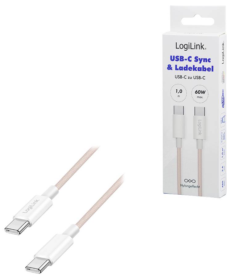 Câble de synchronisation et de charge USB-C avec emballage. Le câble est beige avec des connecteurs blancs, compatible avec les appareils USB-C, supporte jusqu'à 60W.