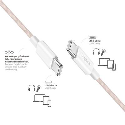 Un câble USB-C avec des connecteurs réversibles, présentant un design tressé pour la durabilité et la flexibilité. Compatible avec les écouteurs, les tablettes et les ordinateurs portables.