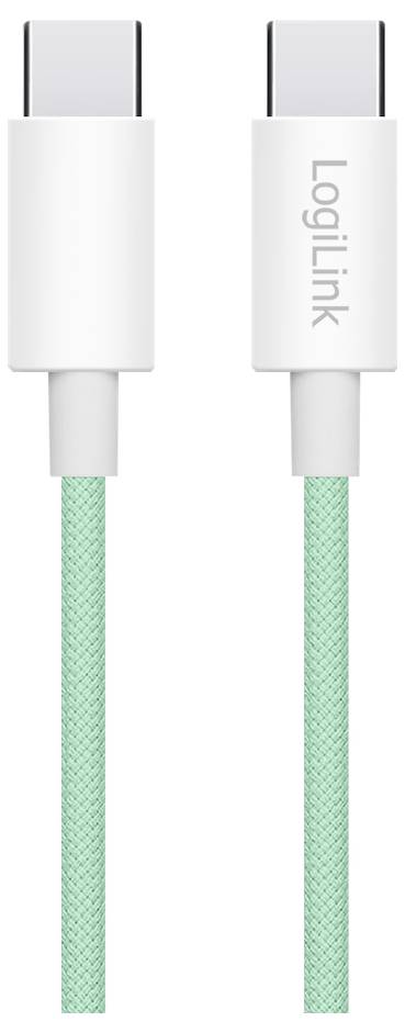 Un câble USB-C vers USB-C tressé vert menthe avec des connecteurs blancs, dont un est étiqueté « LogiLink ». Adapté pour le transfert de données et la charge.