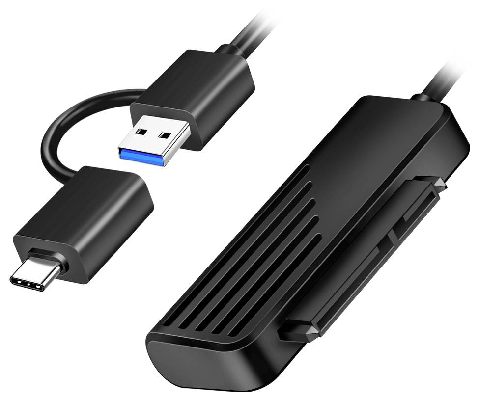 Un adaptateur USB noir avec des connecteurs USB-A et USB-C conçu pour connecter des SSD, présentant un design élégant et compact.