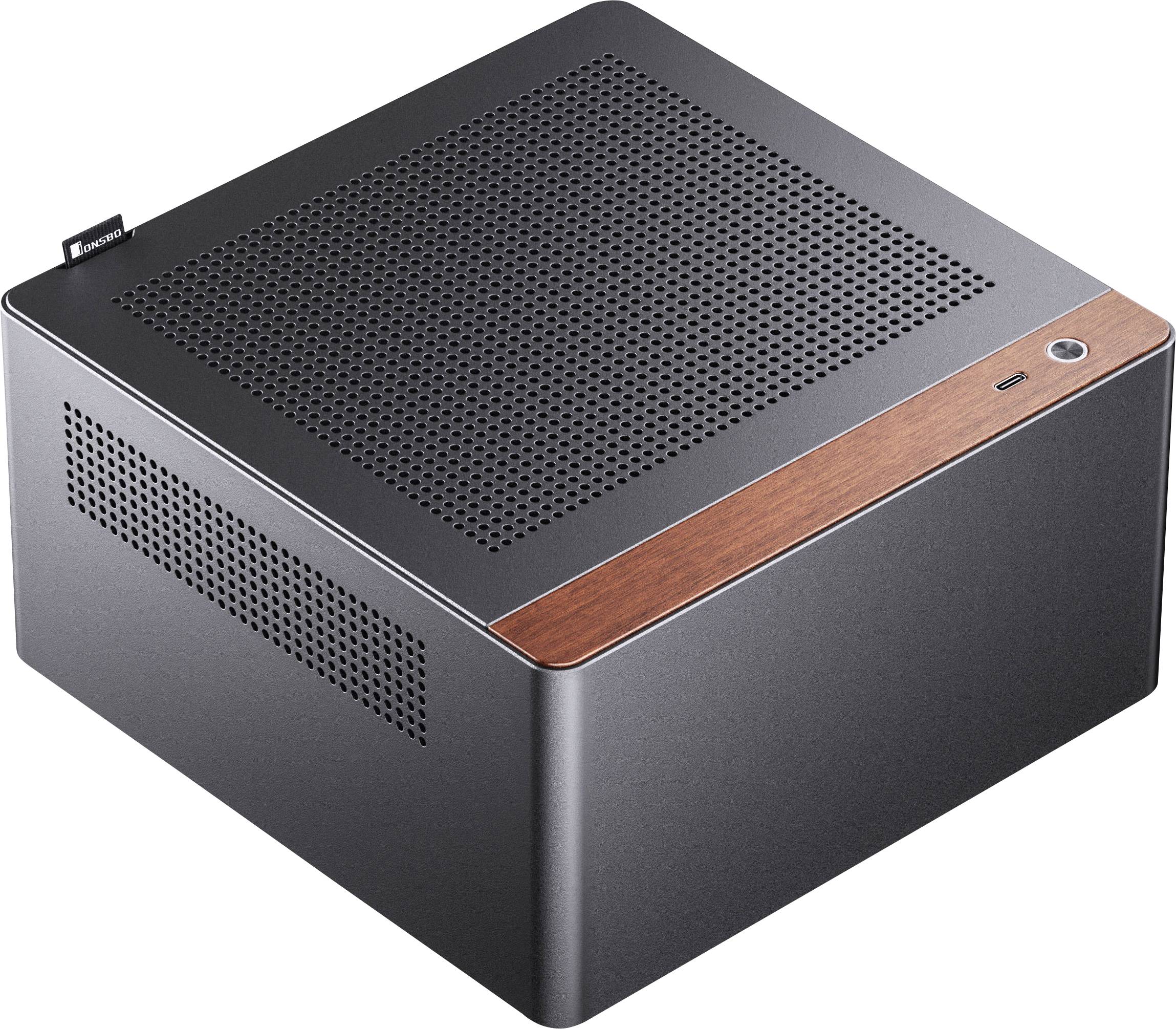 Un boîtier d'ordinateur élégant, noir, avec un accent texturé bois et des trous de ventilation sur le dessus et les côtés, présentant un design minimaliste.