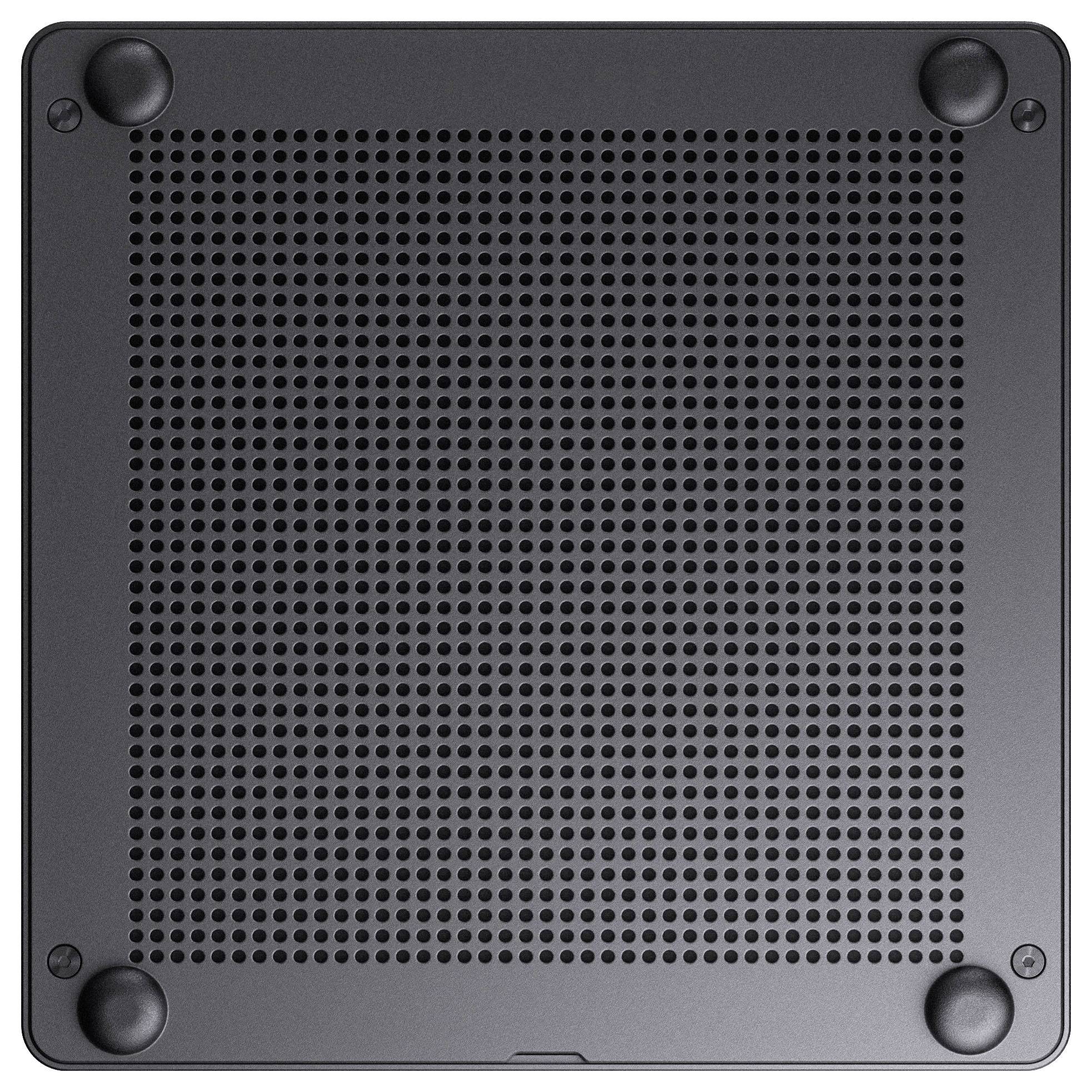 L'image montre le dessous d'un ordinateur portable, présentant quatre pieds arrondis et une grille de trous de ventilation servant à la dissipation thermique.