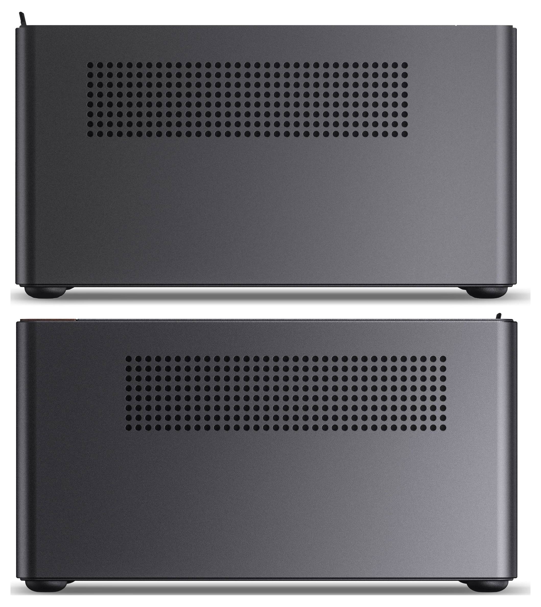 Deux vues latérales d'un boîtier d'ordinateur élégant et compact avec des panneaux de ventilation perforés sur la section supérieure. Le design est minimaliste.