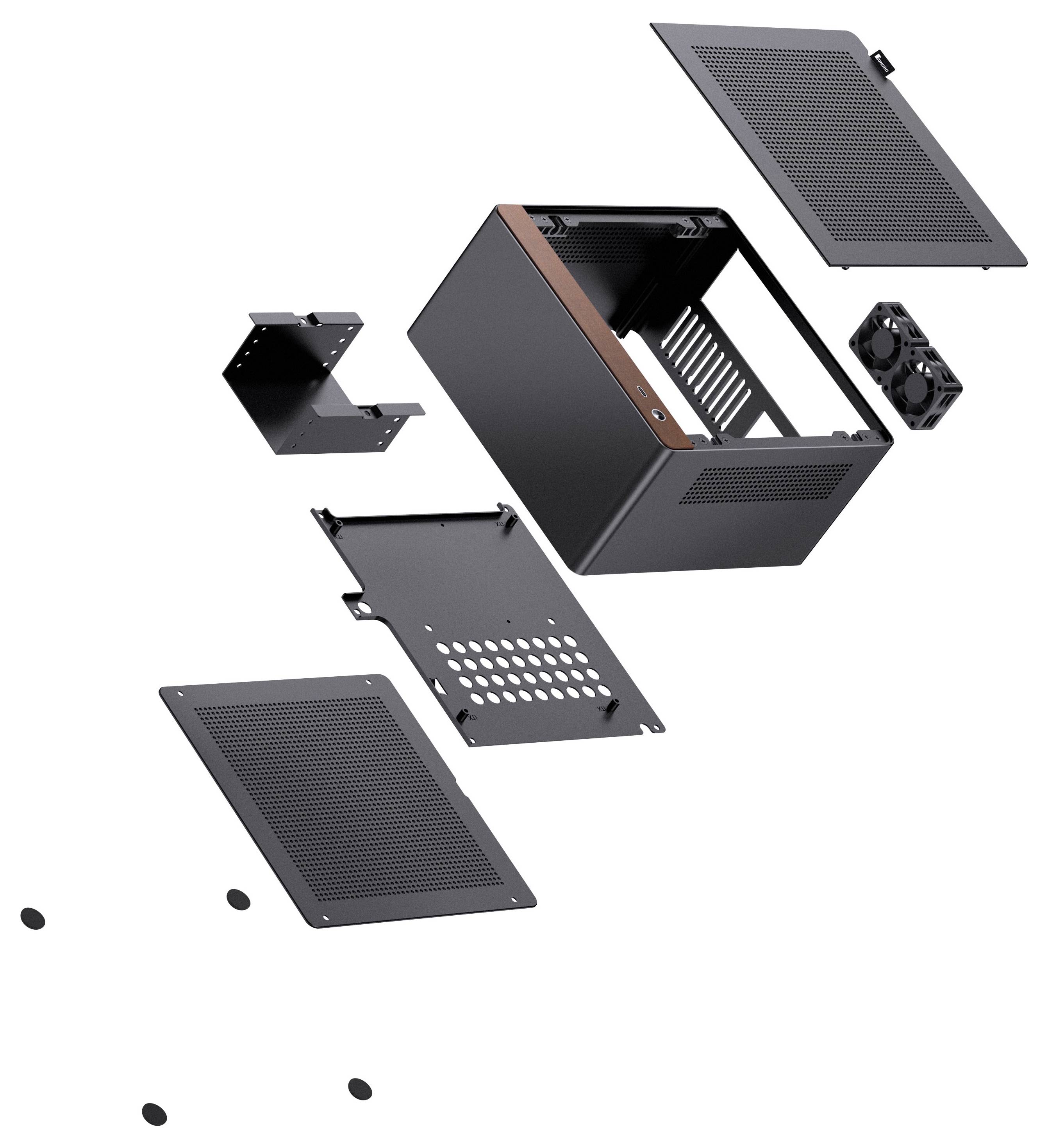 Vue éclatée d'un boîtier d'ordinateur montrant les différentes pièces séparées : panneaux supérieur et inférieur, panneaux latéraux, ventilateur et châssis interne.