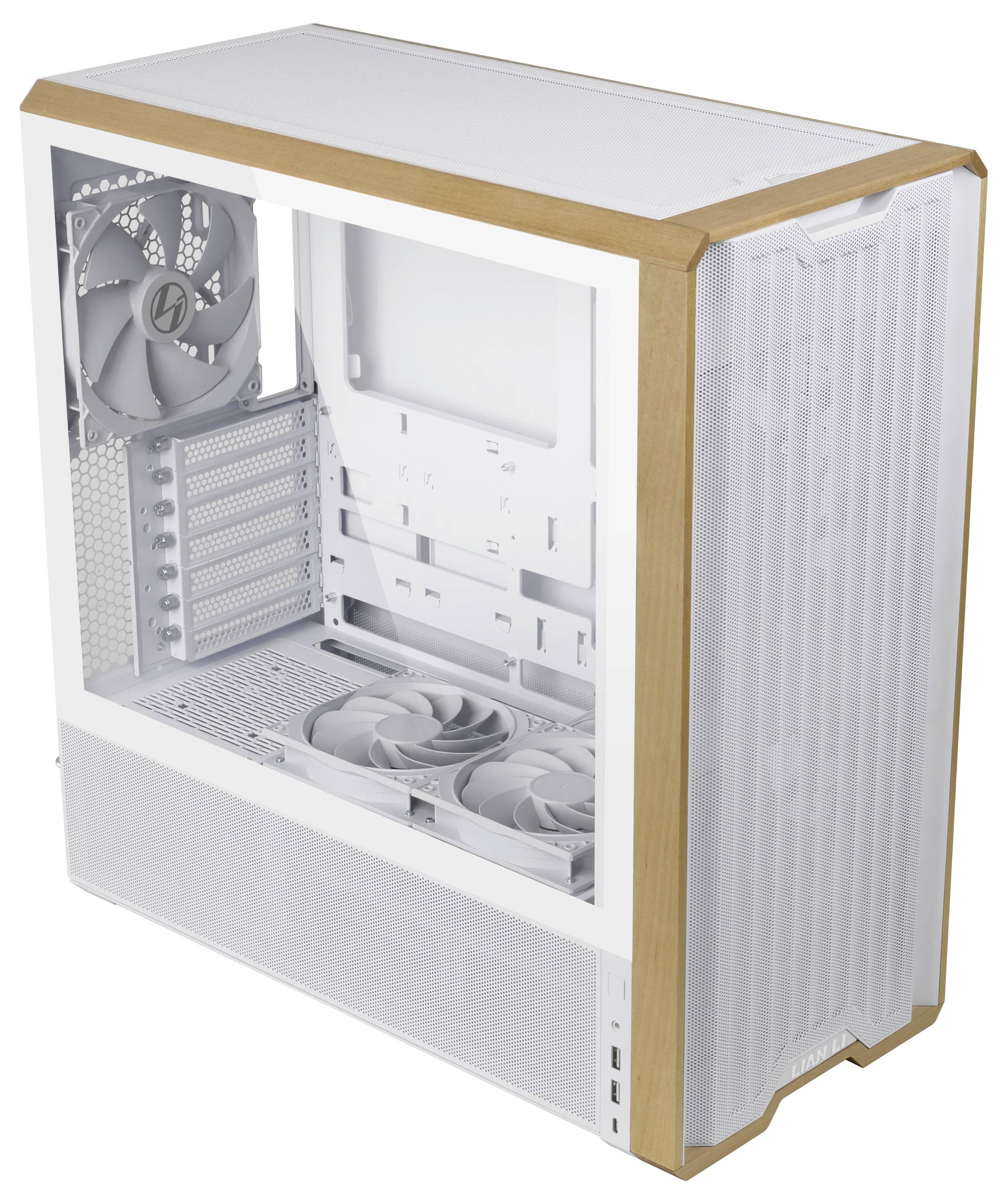 Un boîtier d'ordinateur blanc avec des accents en bois, montrant un espace intérieur vide, plusieurs supports pour ventilateurs et un panneau avant en maille pour la circulation de l'air.
